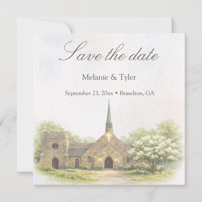 Tarjeta de anuncio de boda en capilla de piedra co (Anverso)