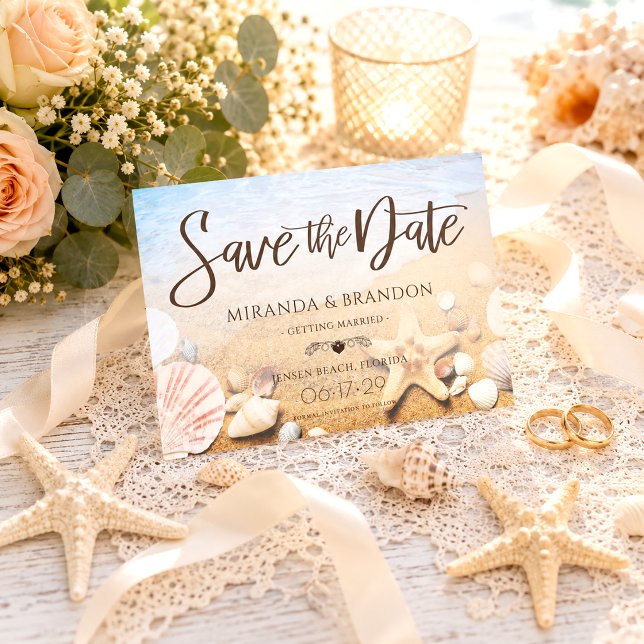 Tarjeta de Anuncio de Boda en Playa Tropical con E (Subido por el creador)
