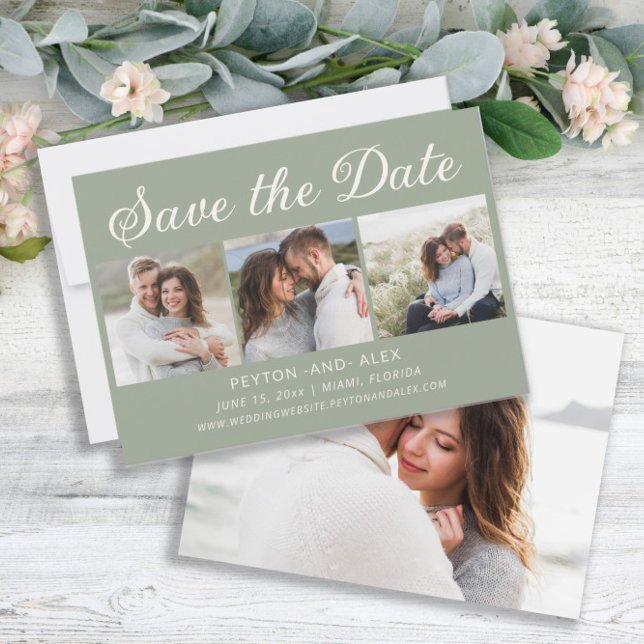 Tarjeta de anuncio de boda en verde menta con 4 fo (Sage green 4-photo wedding Save the Date card)