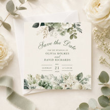 Tarjeta de anuncio de boda en verde salvia y flor