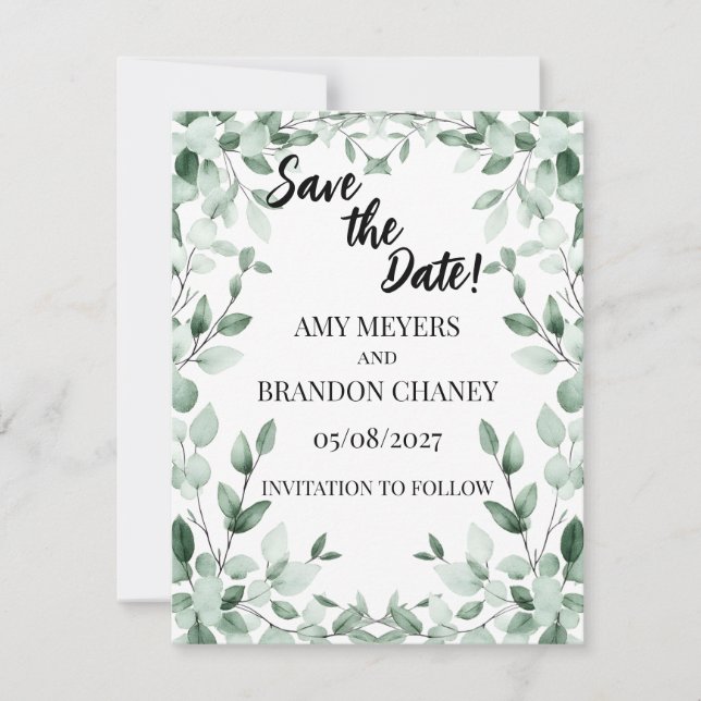 Tarjeta de anuncio de boda Eucalyptus Greenery Two (Anverso)