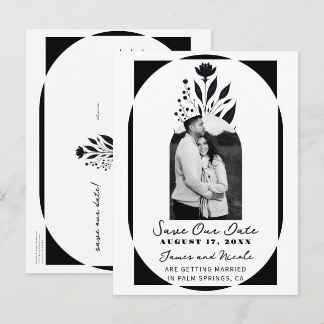 Tarjeta de anuncio de boda floral alta en blanco y (Anverso / Reverso)