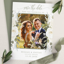 Tarjeta de anuncio de boda floral con foto en marf