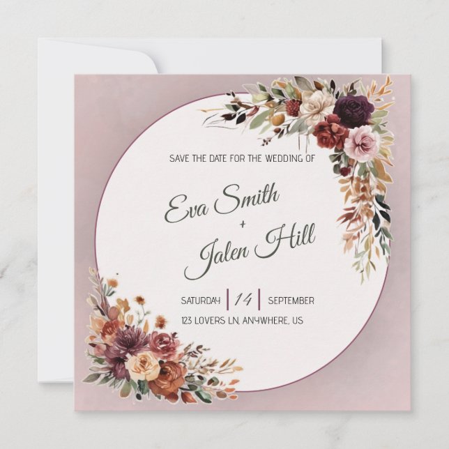 Tarjeta de anuncio de boda floral cuadrada de otoñ (Anverso)