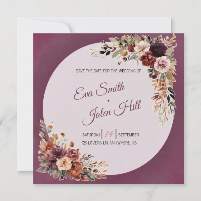 Tarjeta de anuncio de boda floral cuadrada de otoñ (Anverso)