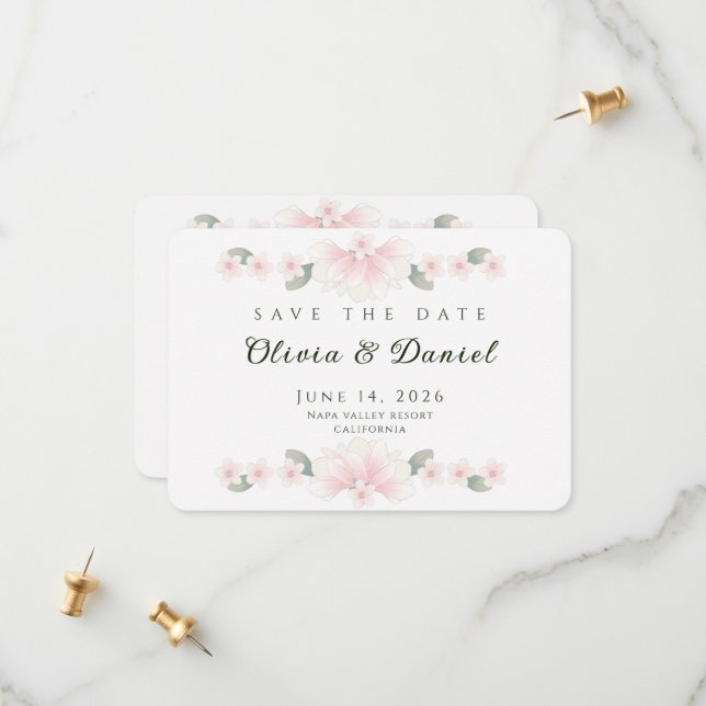 Tarjeta de anuncio de boda floral rosa personaliza (Anverso/Reverso In Situ)