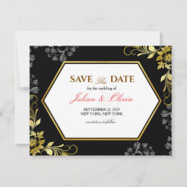 Tarjeta de Anuncio de Boda Gótica Negra y Dorada