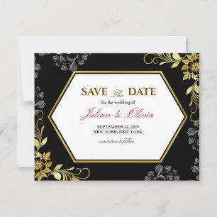 Tarjeta de Anuncio de Boda Gótica Negra y Dorada