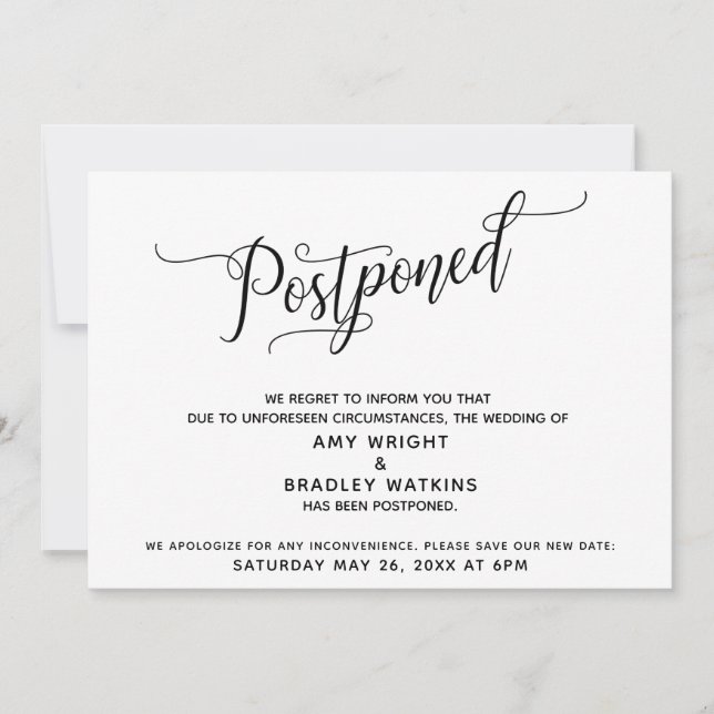 Tarjeta de Anuncio de Boda Postergada Elegante (Anverso)