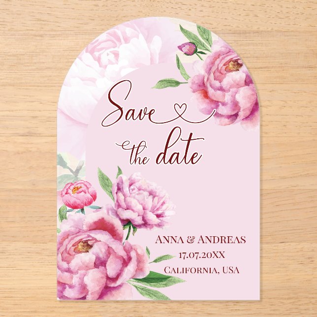 Tarjeta de Anuncio de Boda Rosa Claro Peonía (Anverso)