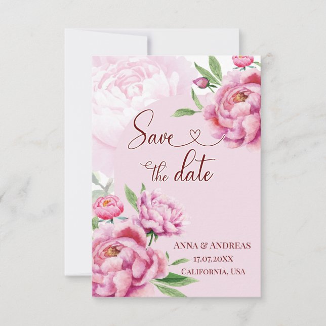 Tarjeta de Anuncio de Boda Rosa Rubor Peonía (Anverso)