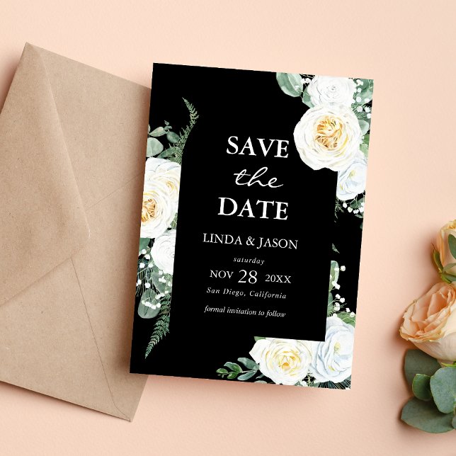 Tarjeta de Anuncio de Boda Rosas Blancas y Negras  (Black white roses save the date card sets a timeless tone for your wedding announcement.)