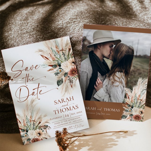 Tarjeta de Anuncio de Boda Rust Boho Terracotta (Rust Boho Save The Date Card | Fall Terracotta Photo Wedding Save The Date Card (Front & Backside))