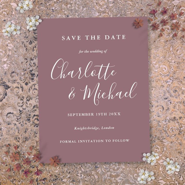 Tarjeta de anuncio de boda Script Mauve (Script Mauve Wedding Save the Date Card)