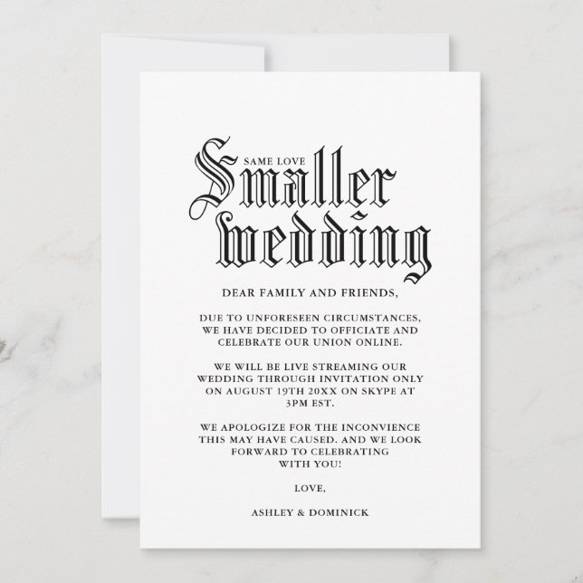 Tarjeta de anuncio de boda simple gótica pequeña (Anverso)