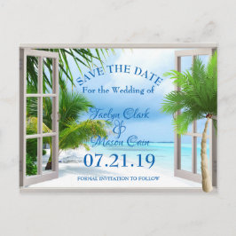 Tarjeta de Anuncio de Boda Tropical con Escena de 