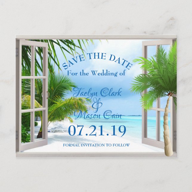 Tarjeta de Anuncio de Boda Tropical con Escena de  (Anverso)