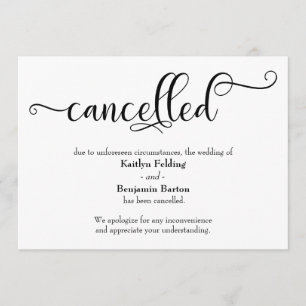 Tarjeta de anuncio de bodas canceladas con caligra