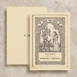 Tarjeta de anuncio de bodas con dibujo medieval de