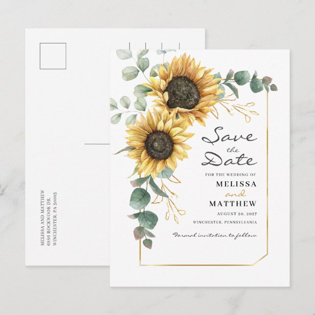 Tarjeta de Anuncio de Bodas de Girasoles y Eucalip (Anverso / Reverso)