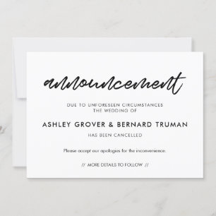 Tarjeta de anuncio de cancelación de boda moderna