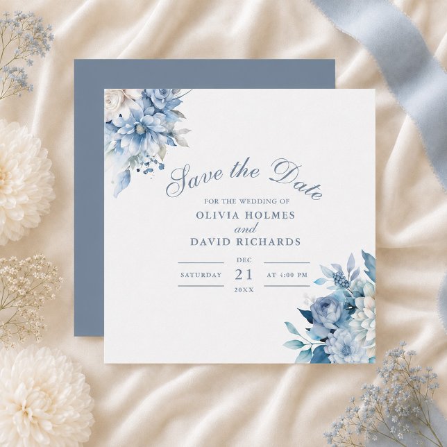 Tarjeta de Anuncio de Compromiso de Flor Silvestre (Dusty Blue Wildflower Save the Date Card)