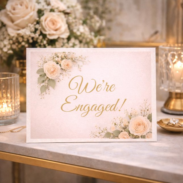 Tarjeta de anuncio de compromiso floral rosado (Blush floral script with soft ivory tones for a refined engagement announcement)