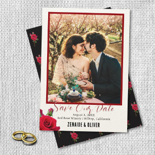 Tarjeta de anuncio de compromiso Red Rose Photo Fl