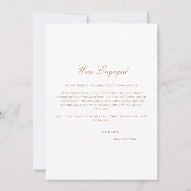 Tarjeta de anuncio de compromiso Script Gold & Whi (Anverso)