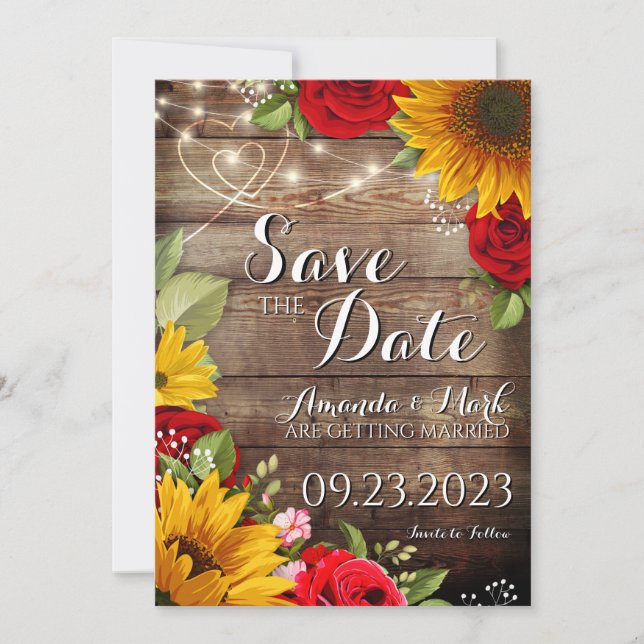 Tarjeta de anuncio de compromiso Sunflower & Roses (Anverso)