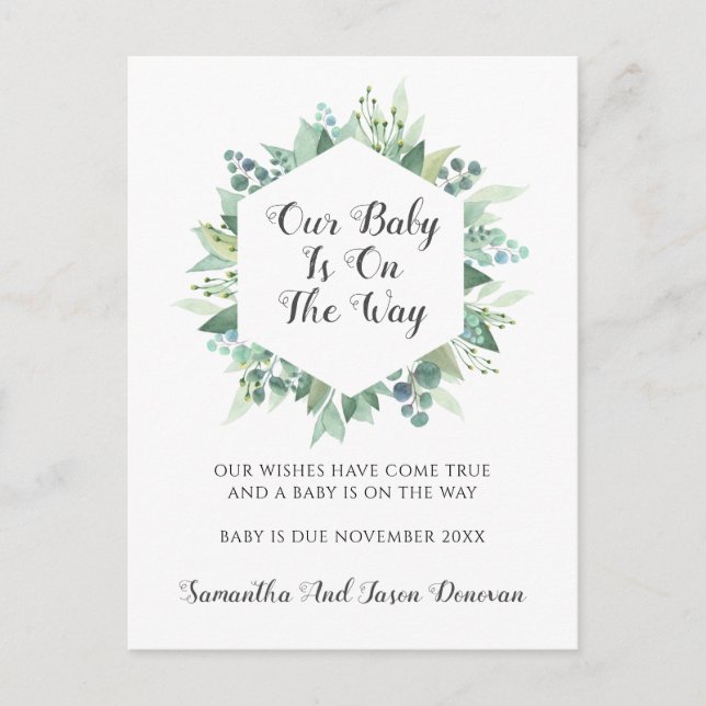 Tarjeta de anuncio de embarazo Elegant Greenery (Anverso)
