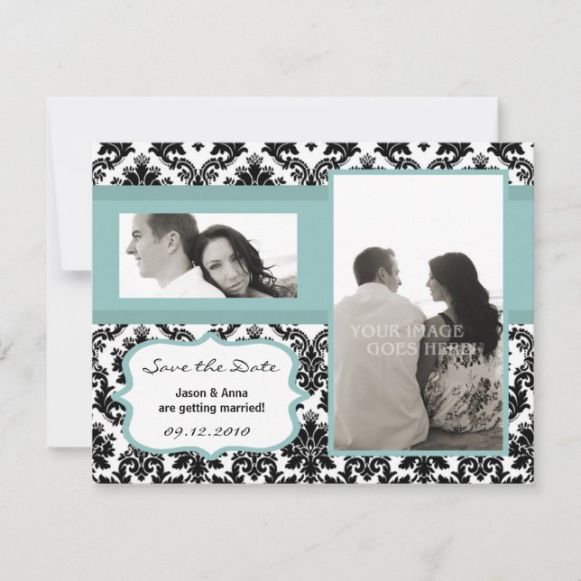 Tarjeta de Anuncio de Fecha 4x5 Negro Damask Azul (Anverso)