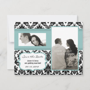 Tarjeta de Anuncio de Fecha 4x5 Negro Damask Azul
