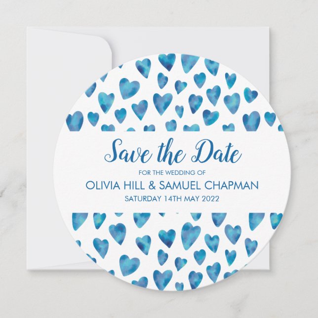 Tarjeta de Anuncio de Fecha de Azul Corazón (Anverso)