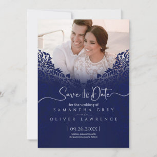 Tarjeta de Anuncio de Fecha de Azul Damask con Fot