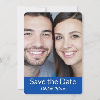 Tarjeta de anuncio de fecha de boda azul cobalto y