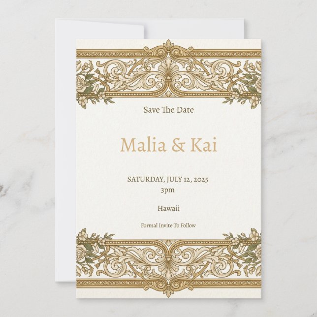 Tarjeta de anuncio de fecha de boda barroca de mar (Anverso)