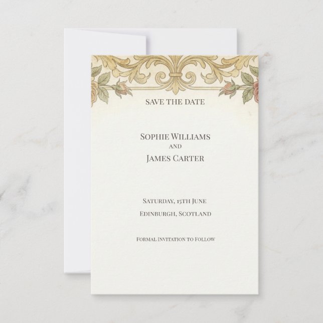 Tarjeta de anuncio de fecha de boda barroco dorado (Anverso)