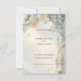 Tarjeta de anuncio de fecha de boda Blue Tartan Th
