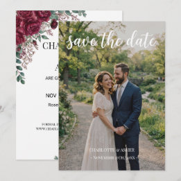 Tarjeta de anuncio de fecha de boda Burgundy Rose