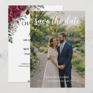 Tarjeta de anuncio de fecha de boda Burgundy Rose