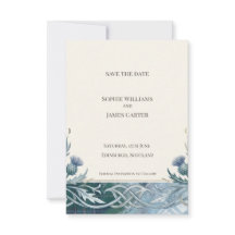 Tarjeta de anuncio de fecha de boda celta en azul