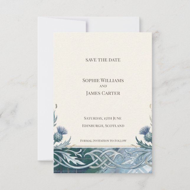 Tarjeta de anuncio de fecha de boda celta en azul  (Anverso)