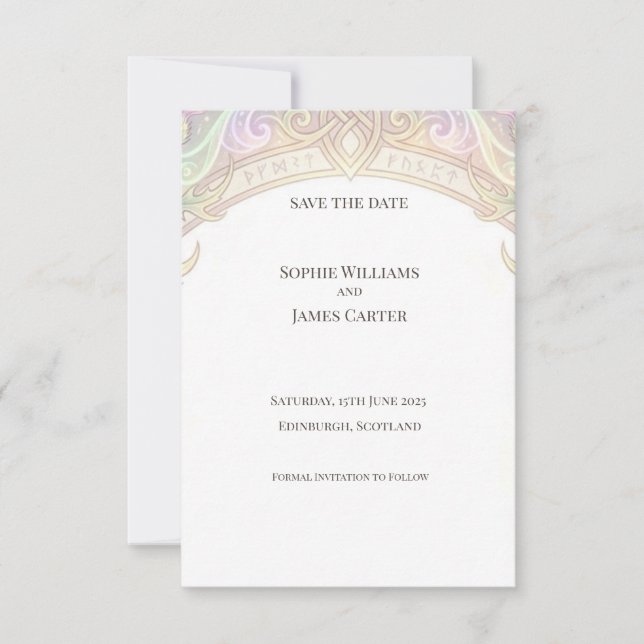 Tarjeta de anuncio de fecha de boda celta iridisce (Anverso)