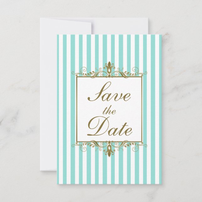Tarjeta de anuncio de fecha de boda con Aqua, raya (Anverso)