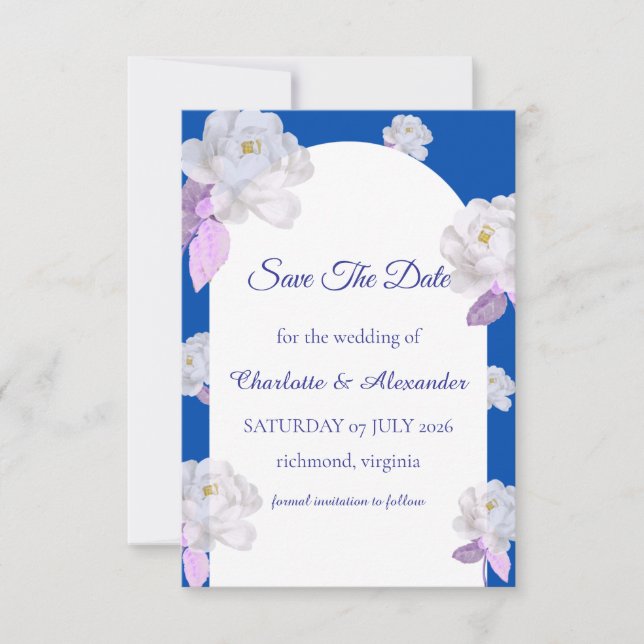 Tarjeta de anuncio de fecha de boda con arco flora (Anverso)