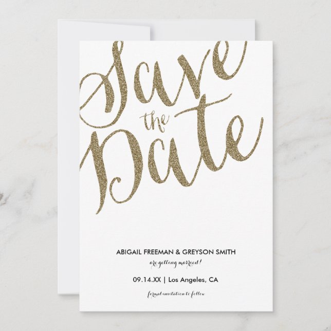 Tarjeta de anuncio de fecha de boda con brillo fal (Anverso)