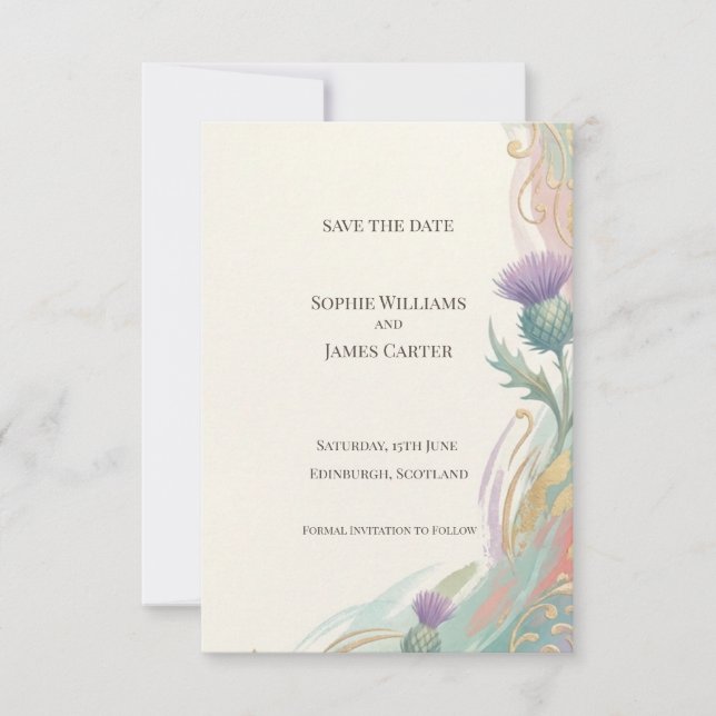 Tarjeta de anuncio de fecha de boda con cardo Art  (Anverso)