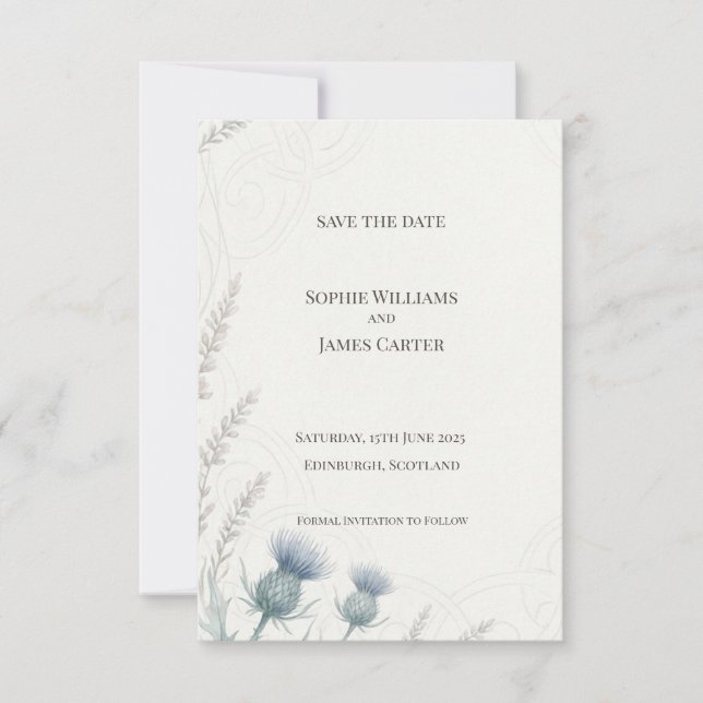 Tarjeta de anuncio de fecha de boda con Cardo Azul (Anverso)