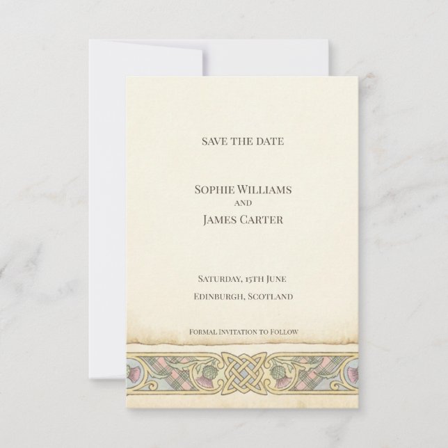 Tarjeta de anuncio de fecha de boda con cardo celt (Anverso)